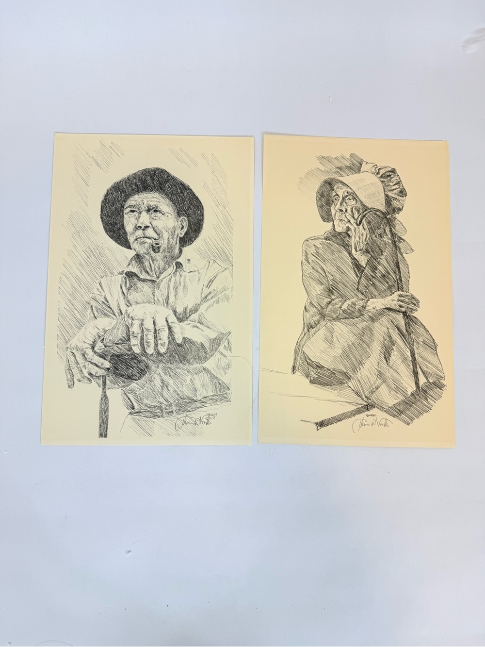 Vintage Pencil & Sketch By Thomas R. Voorhis Old Man & Old Woman Signed 1979